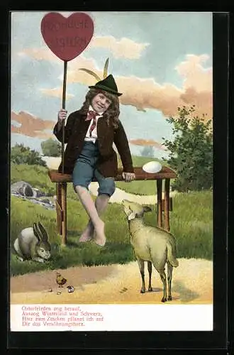 AK Ostern, Junger Bursche mit Herzballon, Lamm und Hasen