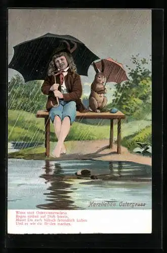 AK Osterhase und Kind gemeinsam unter Regenschirmen am Wasser