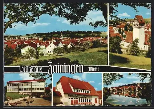 AK Zainingen /Württ., Turm, Gewässer, Ortsansicht, Gebäude