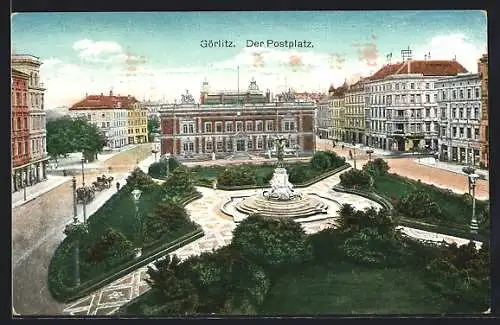 AK Görlitz, Blick auf den Postplatz mit Denkmal