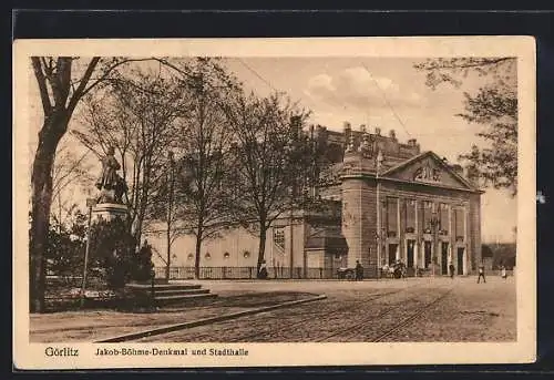 AK Görlitz, Jakob-Böhme Denkmal & Stadthalle