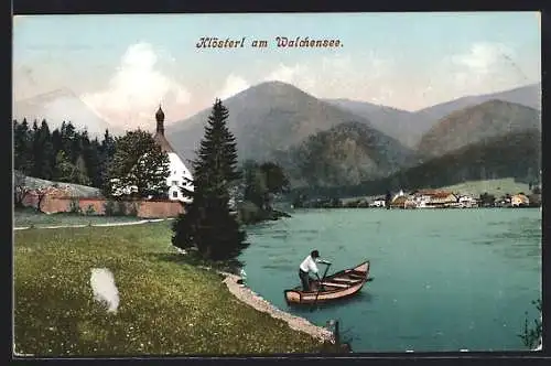 AK Klösterl am Walchensee, Ortsansicht mit Bergpanorama