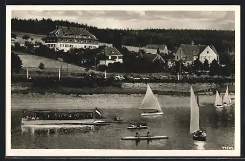 AK Malter, Gasthof Kurhaus Talsperre, Segelboote, Kinder in Kanus, Ausflugsdampfer