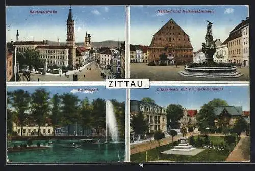 AK Zittau, Bautznerstrasse, Ottokarplatz mit Bismarck-Denkmal