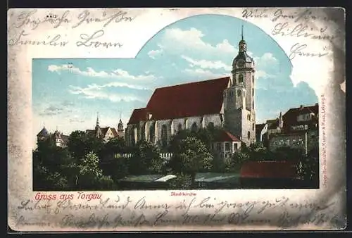 AK Torgau, Ortspartie mit Stadtkirche