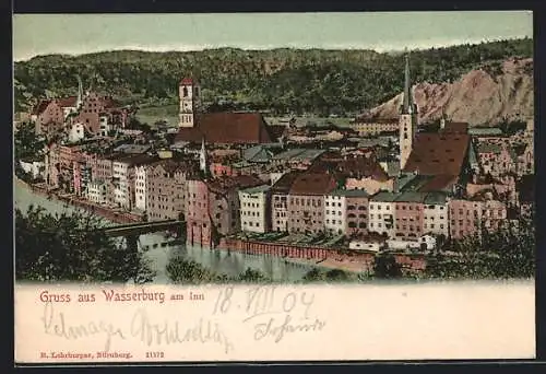 AK Wasserburg am Inn, Ortsansicht mit Brücke aus der Vogelschau