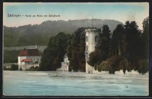 AK Säckingen, Rheinpartie mit Schlossturm
