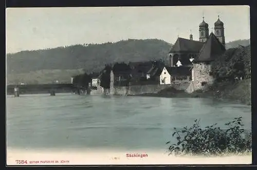 AK Säckingen, Uferpartie mit Kirche