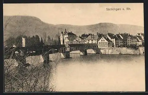 AK Bad Säckingen, Ansicht des Ortes mit Brücke vom Rhein aus gesehen