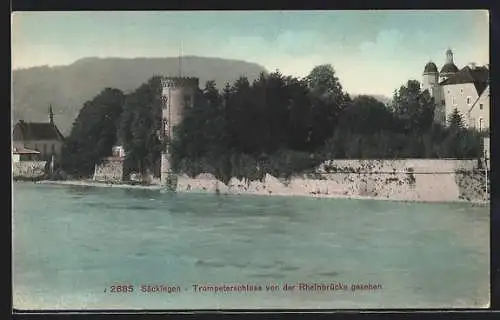 AK Bad Säckingen, Trompeterschloss von der Rheinbrücke gesehen