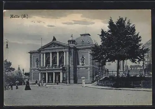 AK Halle i. S., Stadttheater mit Vorplatz