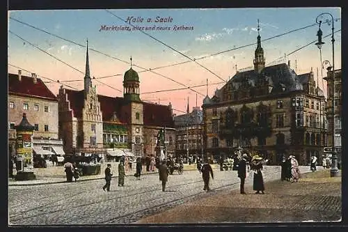 AK Halle / Saale, Marktplatz, altes und neues Rathaus
