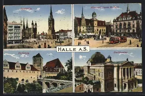 AK Halle a. S., Marktplatz, Altes und Neues Rathaus, Moritzburg und Stadttheater