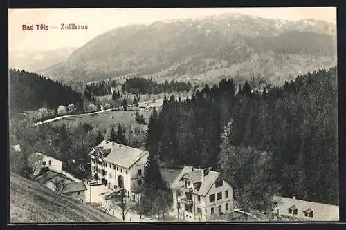 AK Bad Tölz, Zollhaus mit Wäldern und Berge aus der Vogelschau