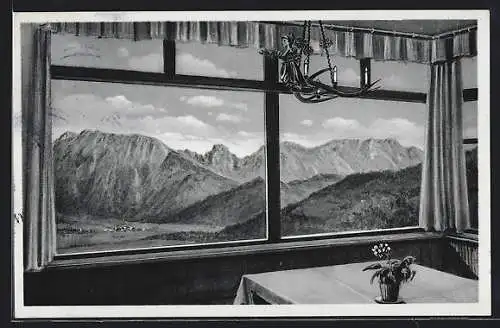 AK Oberaudorf, Blick auf das Gebirge vom Fenster des Cafe & Pensionhauses Hummelei