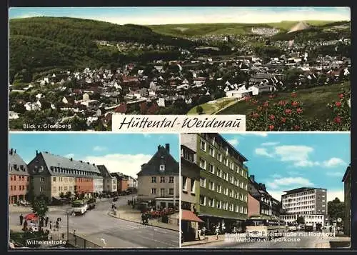 AK Hüttental-Weidenau, Gesamtansicht, Wilhelmstrasse, Stadtmitte mit Weidenauer Sparkasser