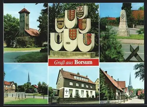 AK Borsum / Harsum, Ehrenmal, Kirche, Strassenansicht