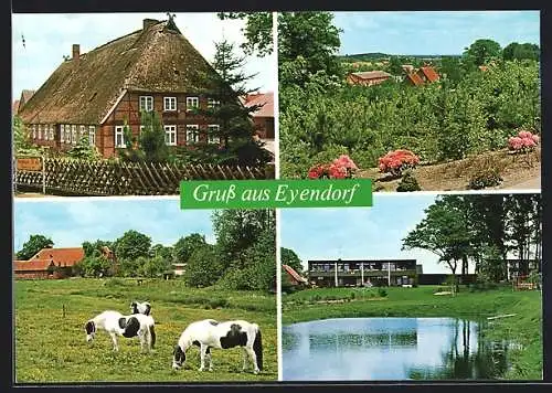 AK Eyendorf /Lüneb. Heide, Reetdachhaus, Gehöft mit Kühen