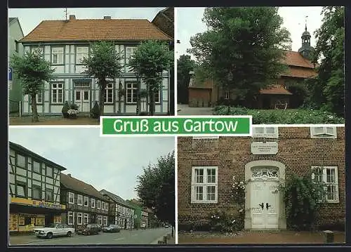 AK Gartow / Elbe, Fachwerkhaus, Blick nach der Kirche, e-aktiv-markt G. Hildebrand