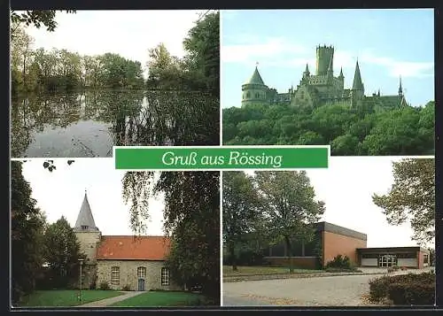 AK Rössing, Kahnpartie auf dem Teich, Blick nach dem Schloss, Blick nach der Kirche