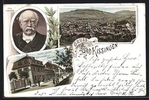 Lithographie Bad Kissingen, Totalansicht, Obere Saline Fürst Bismarck-Wohnung, Fürst Bismarck