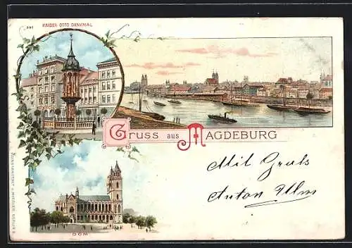 Lithographie Magdeburg, Kaiser Otto Denkmal, Dom, Flusspartie mit Dampfern