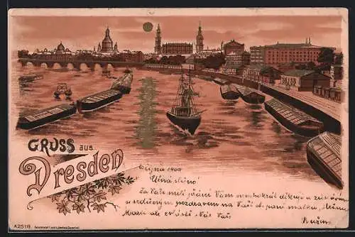 Lithographie Dresden, Sonnenuntergang über der Elbe, Schiffsverkehr