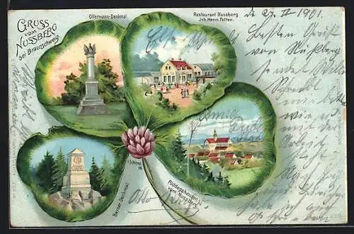 Lithographie Braunschweig, Restaurant Nussberg, Berner und Olfermann-Denkmal, Riddagshausen, Ansichten im Glücksklee