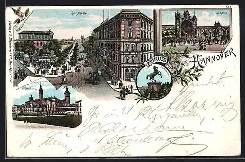 Lithographie Hannover, Georgstrasse, Tivoli-Garten, Welfenschloss