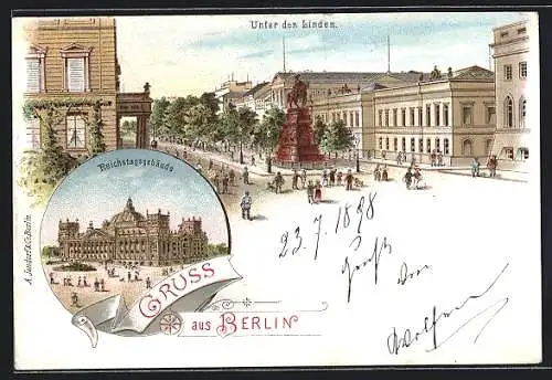 Lithographie Berlin, Reichstagsgebäude und Unter den Linden