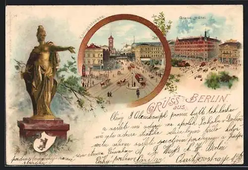 Lithographie Berlin, Königsstrasse mit Pferdebahn, Berolina, Grand-Hotel