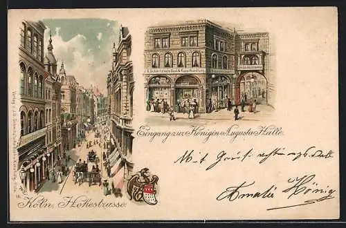 Lithographie Köln, Blick in die Hohestrasse, Eingang zur Königin Augusta Halle