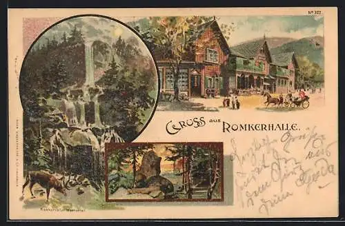 Lithographie Romkerhalle, Hotel Romkerhalle, Romkerhaller Wasserfall