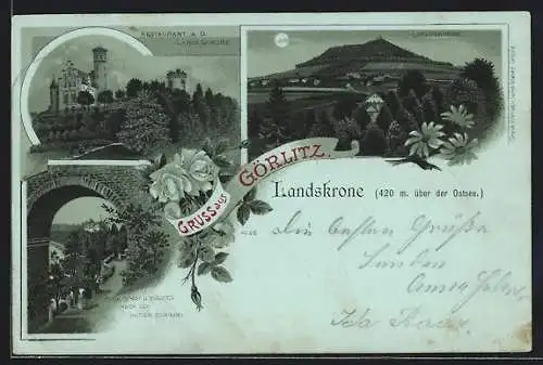 Mondschein-Lithographie Görlitz, Restaurant a. d. Landskrone, Blick durch das Viadukt nach der Actien-Brauerei