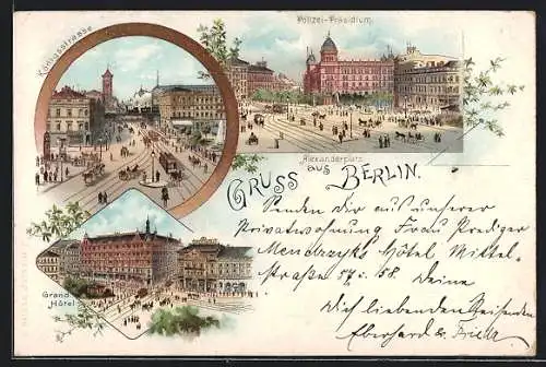 Lithographie Berlin, Alexanderplatz, Pferdebahn an der Königsstrasse, Grand-Hotel