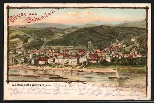 Lithographie Schandau /Sächsische Schweiz, Ortsansicht am Fluss