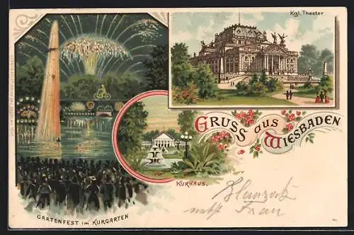 Lithographie Wiesbaden, Königliches Theater, Kurhaus, Gartenfest mit Feuerwerk im Kurgarten