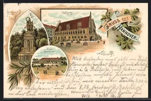 Vorläufer-Lithographie Hannover, 1895, Rathhaus, Krieger-Denkmal, Schloss Herrenhausen