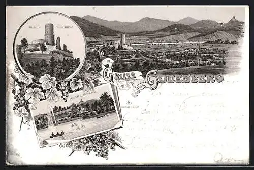 Lithographie Godesberg, Ruine-Godesberg, Neuer Curpark, Totale