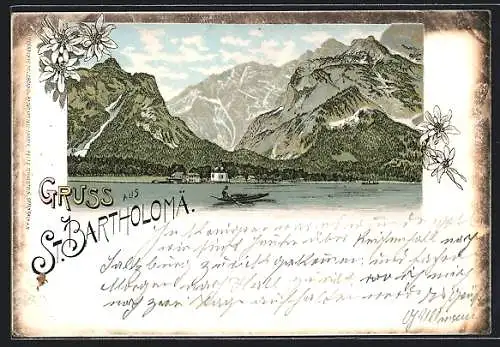 Lithographie St. Bartholomä, Blick vom See auf den Ort und die Berge