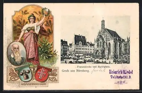 AK Nürnberg, Frauenkirche und Marktplatz, Allegorische Frauenfigur im Passepartout, Portrait von Friedrich Ludwig Jahn