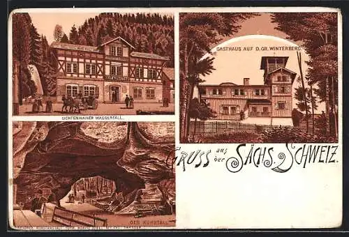 Lithographie Lichtenhain / Sächsische Schweiz, Restaurant zum grossen Wasserfall, Gasthaus auf d. Gr. Winterberg