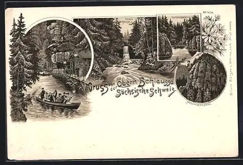 Lithographie Hermannseck / Querfurt, Bootstation mit Steg, Obere Schleuse mit Brücke, Landungsplatz