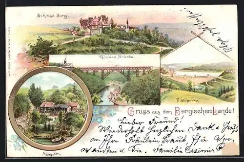 Lithographie Müngsten, Schloss Burg, Thalsperre, Grosse Brücke