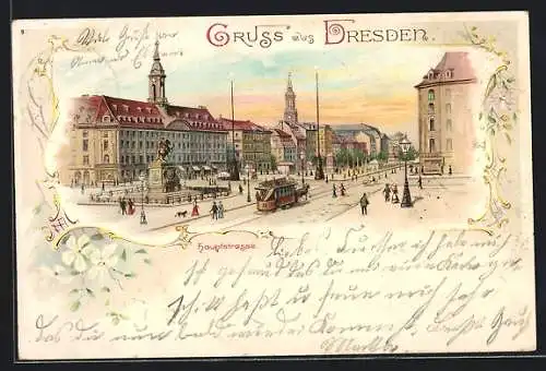 Lithographie Dresden, Haupstrasse mit Denkmal und Strassenbahn