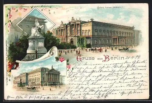 Lithographie Berlin, Palais Kaiser Wilhelm, Königliches Opernhaus und Denkmal Kaiserin Augusta