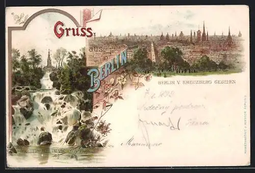 Lithographie Berlin-Kreuzberg, Ortsansicht, Wasserfall im Victoria-Park