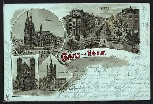 Mondschein-Lithographie Köln, Hohenstaufenring, Dom, St. Gereon, St. Martin