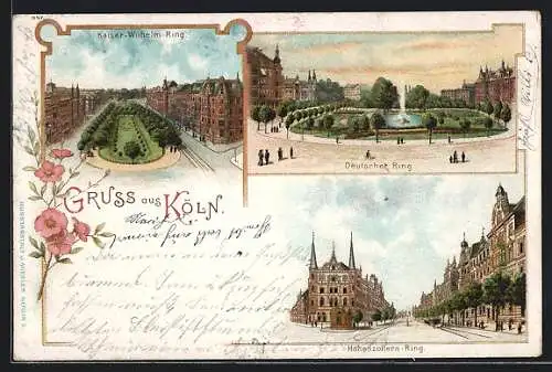 Lithographie Köln-Neustadt, Hohenzollern-Ring, Kaiser-Wilhelm-Ring, Deutscher Ring