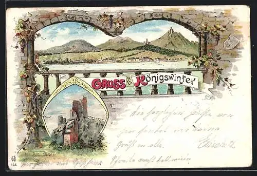 Lithographie Königswinter, Ruine Drachenfels, Totalansicht